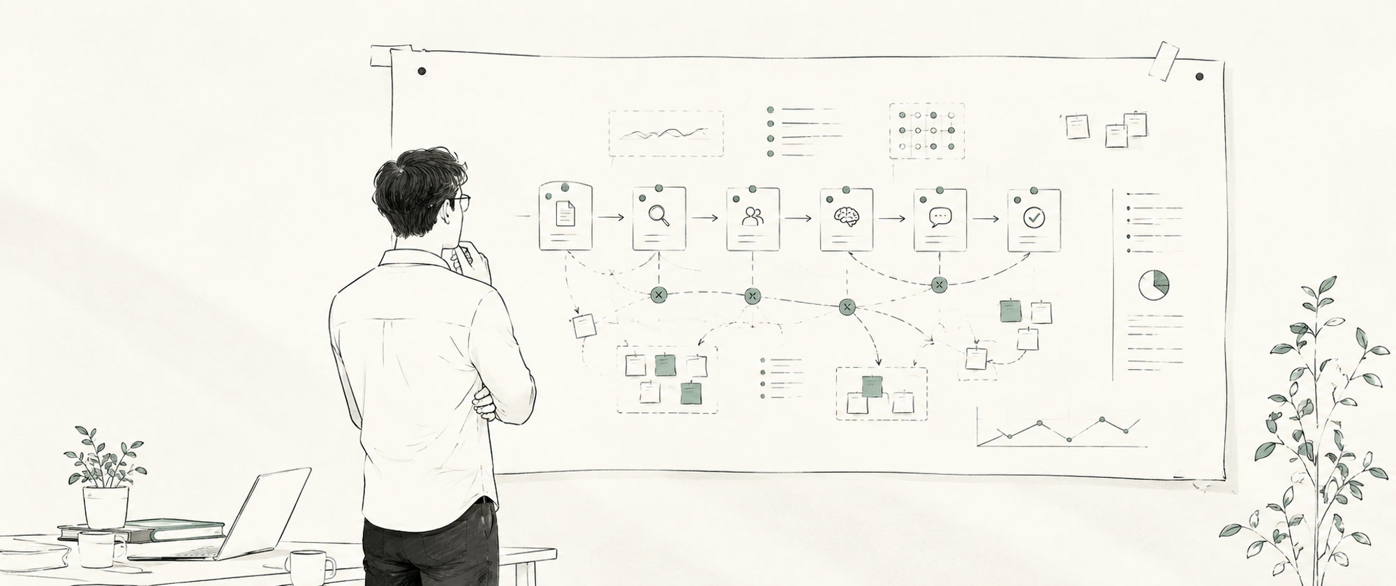 A software engineer studies a complex product and recruitment process mapped across a large whiteboard.